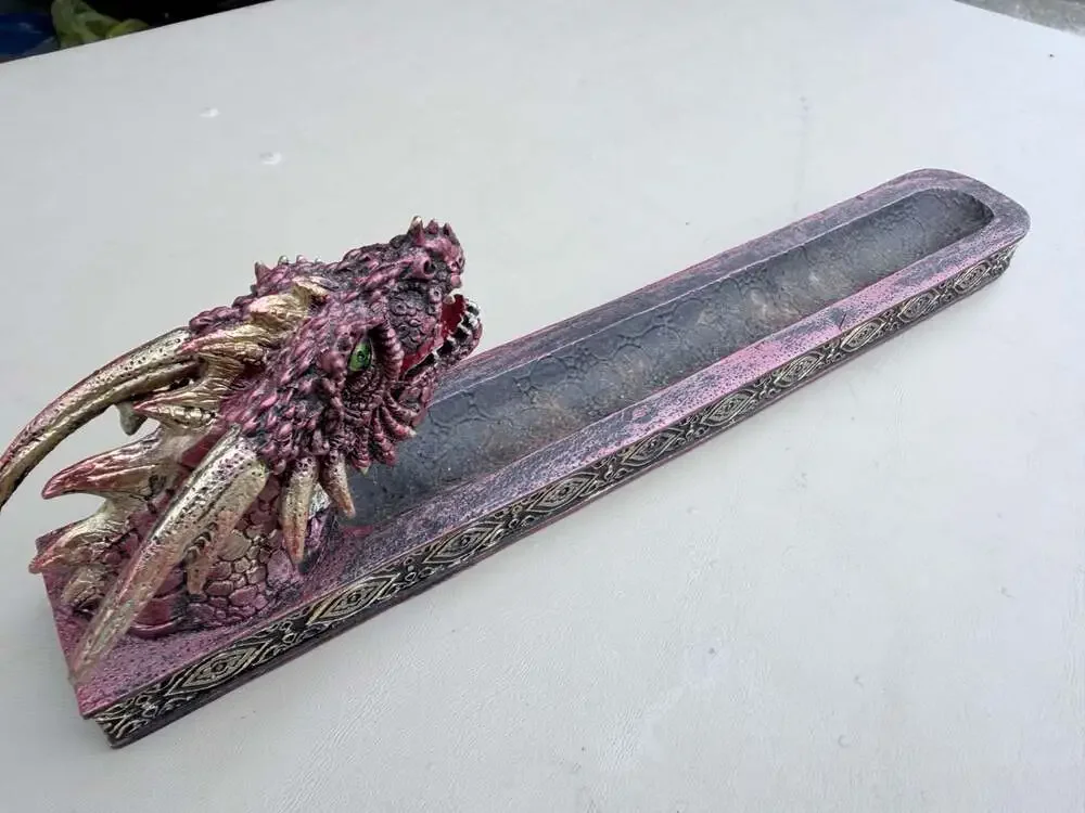 Red and Gold Dragon Head Resin Incense Burner Holder with Green Eyes
